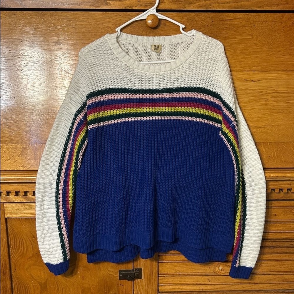 Retro‎ Indie Tomboy Blue White Rainbow Stripe Chunky Knit Sweater Boho Kidcore